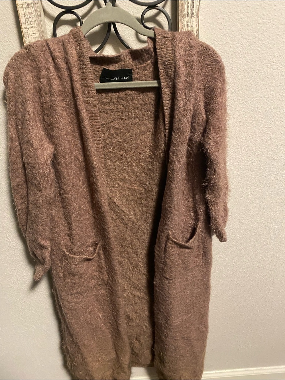 Mustard Seed Fuzzy Open-Front Cardigan in Mauve